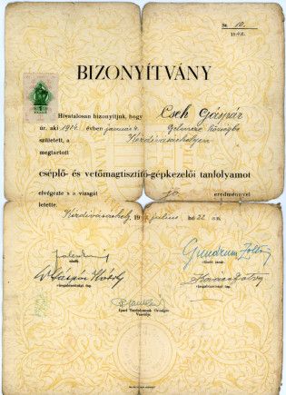 Bizonyítvány cséplő és vetőmag tisztító -gépkezelő tanfolyam 1942