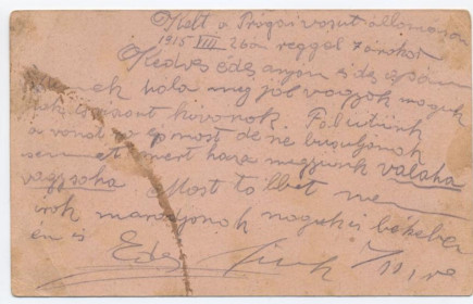 Máskos Imre szüleinek küldött levele az első világháborúból, 1915.